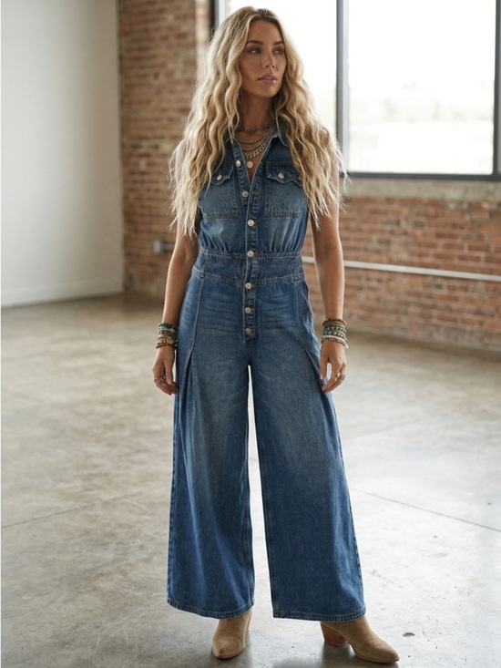 Bluivy Pants - NWT Bluivy Denim Sleeveless Button Up Barrel Horseshoe Jean Jumper Jumpsuit